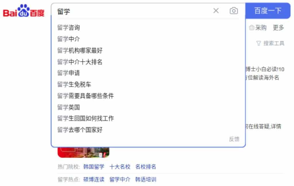 autocomplete function on Baidu for Chinese students